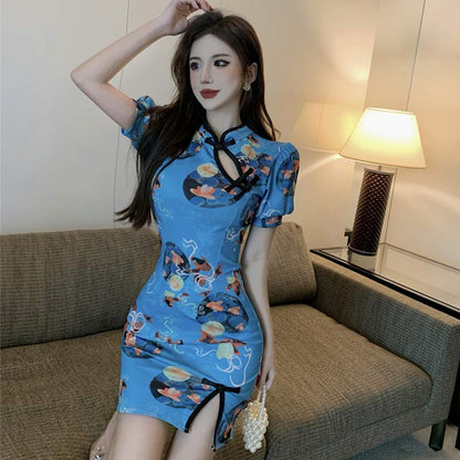 Charming Blue Floral Buckle Split Cheongsam Dress modakawa