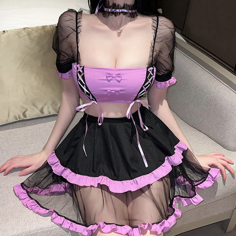 Sexy Pink Maid Tulle Lace Up Lingerie Set modakawa