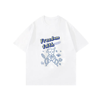 Cartoon Bear Letter Print T-Shirt Blue Pantskirt Modakawa