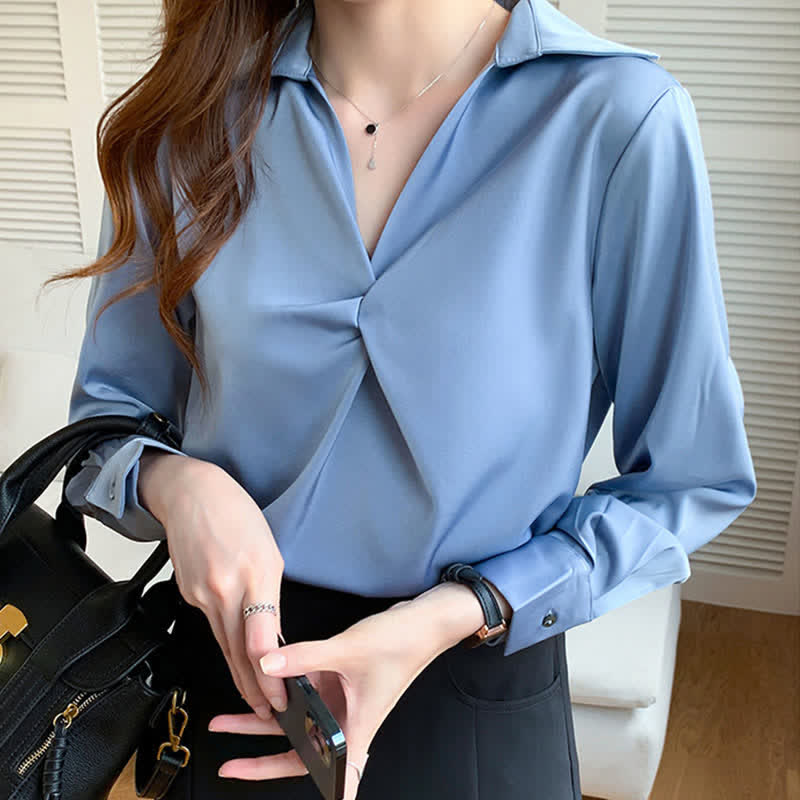 Elegant Pure Color Ruffled Satin Shirt Workwear modakawa