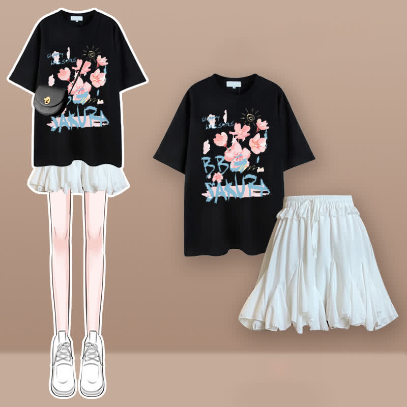 Tulip Cherry Blossom Print T-Shirt Pleated Skirt Set modakawa