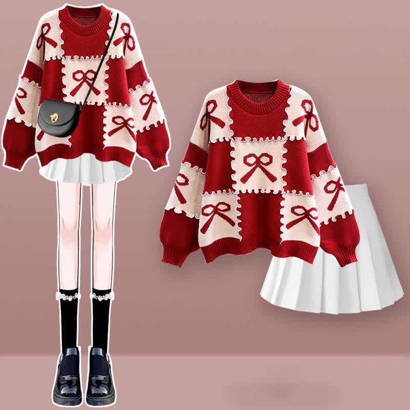 Bow Knot Print Sweater Plaid Pleated Skirt Set modakawa