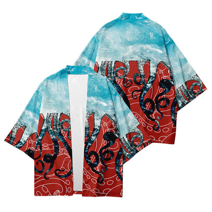 Colorblock Octopus Print Cardigan Kimono Outerwear modakawa