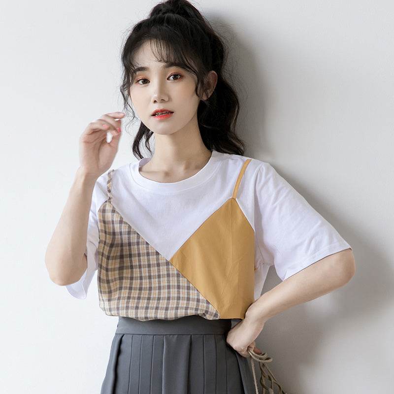 Sweet Plaid Color Block Fake Two Piece T-Shirt modakawa