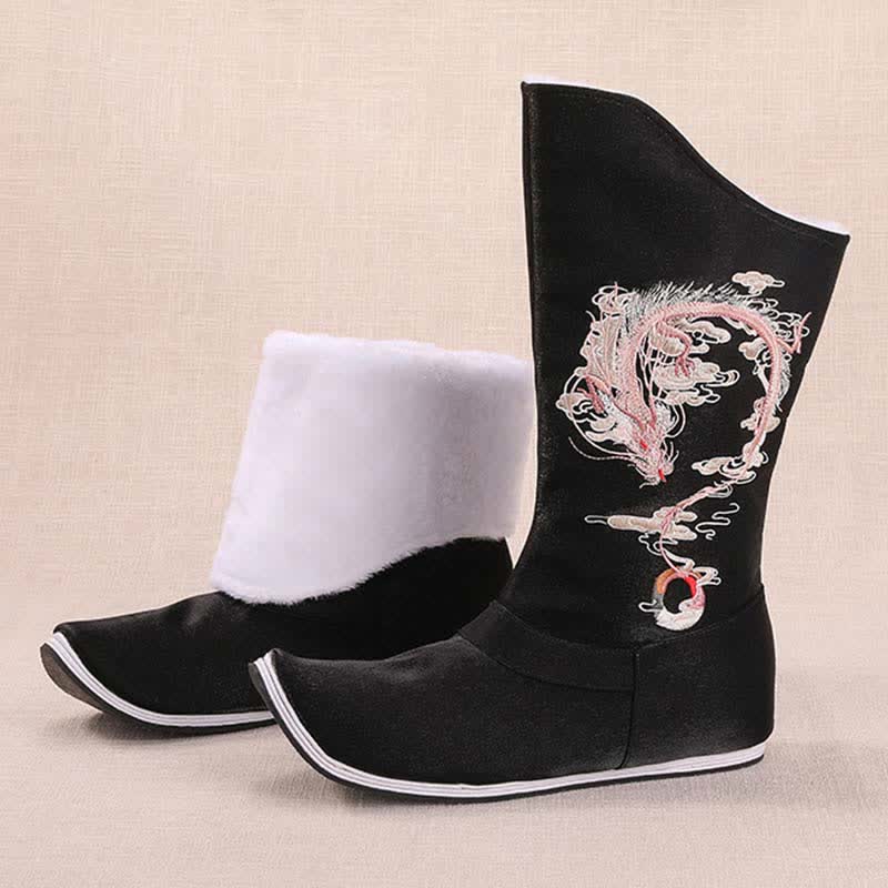 Vintage Dragon Embroidery Pointed Toe Plush Boots modakawa