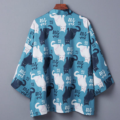 Cute Blue Cat Print Casual Kimono Outerwear Modakawa