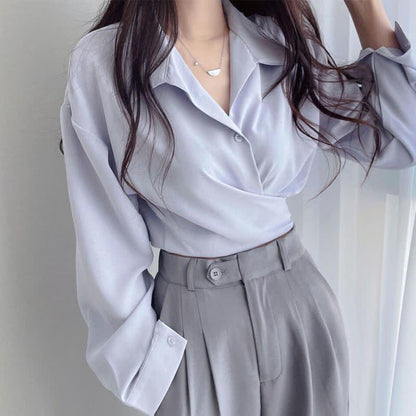 Chic Pure Color Lapel Crop Shirt modakawa