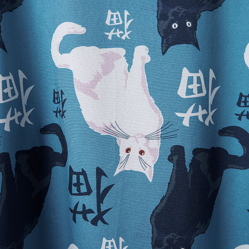 Cute Blue Cat Print Casual Kimono Outerwear Modakawa