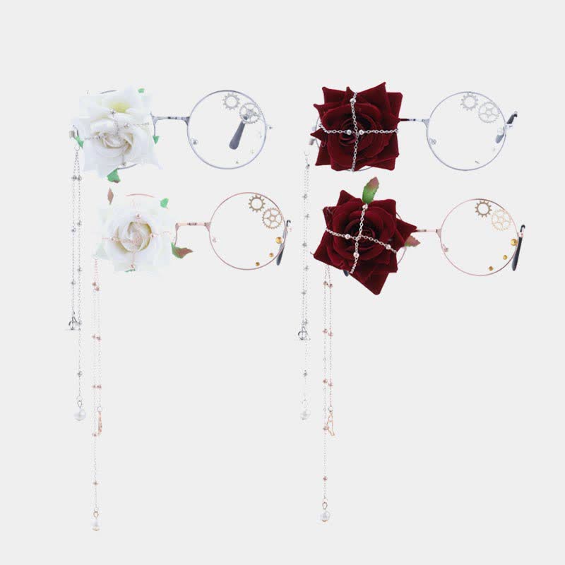 Lolita Flower Decor Metal Chain Big-Frame Glasses Modakawa