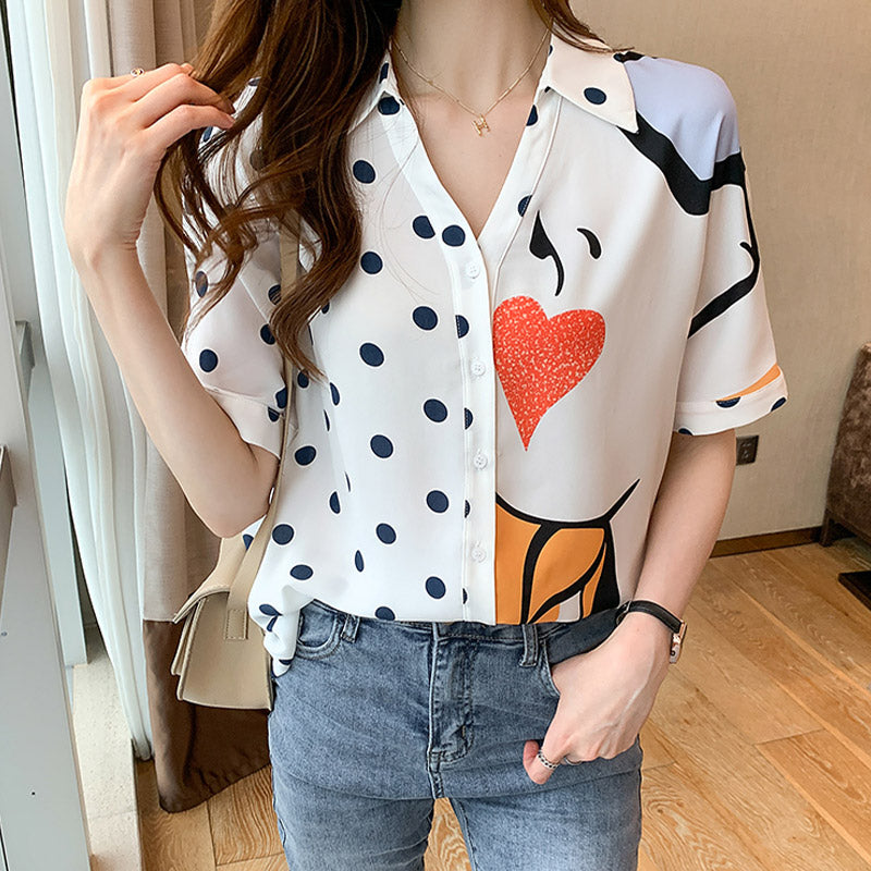 Heart Polka Dots Print Blouse Workwear modakawa