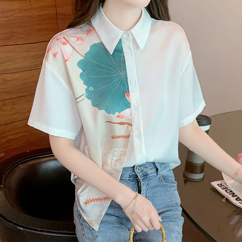 Irregular Lotus Print Short Sleeve Chiffon Lapel Shirt modakawa