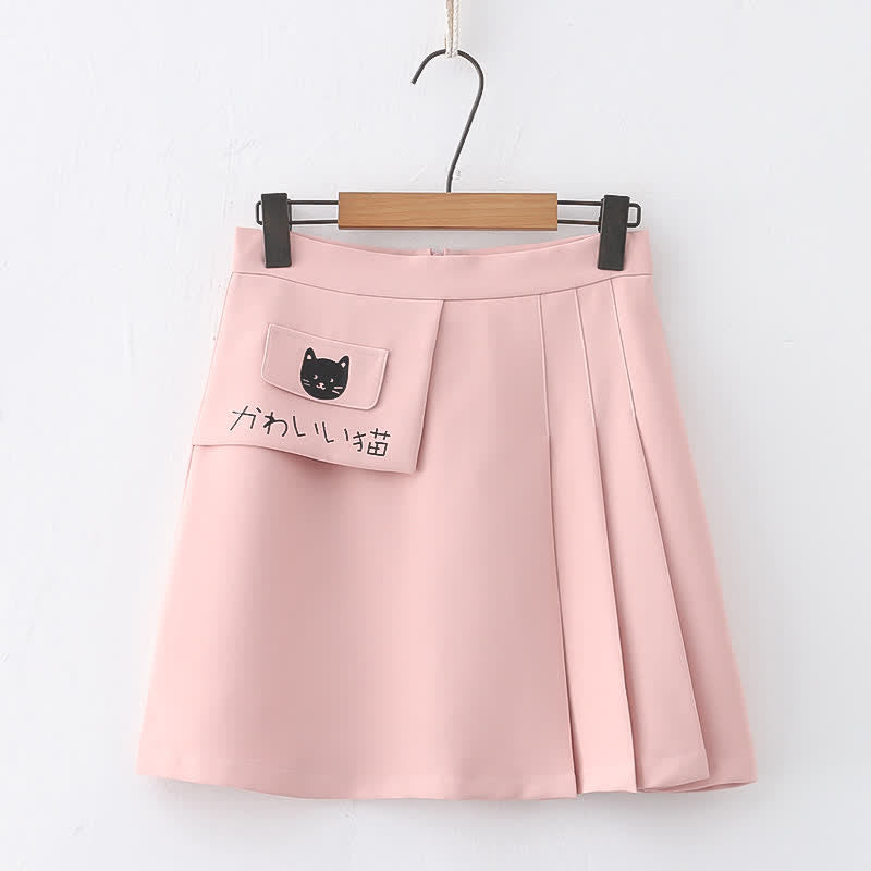 Cartoon Kitty Print Pure Color Pleated Skirt modakawa