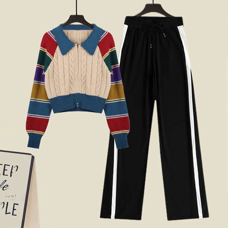 Colorblock Stripe Cardigan Sweater Pants Set modakawa