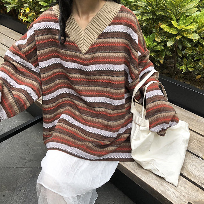 Vintage Striped V-Neck Sweater Boogzel Clothing