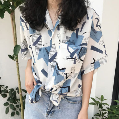 Vintage Print Casual Laple T-Shirt Pocketed Denim Shorts modakawa