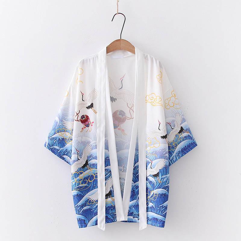 Crane Print Belted Kimono Outerwear Sun Protective Modakawa