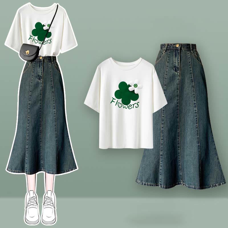 Bow Knot Butterfly Tulle Crop Top T-Shirt Fishtail Denim Skirt Set modakawa