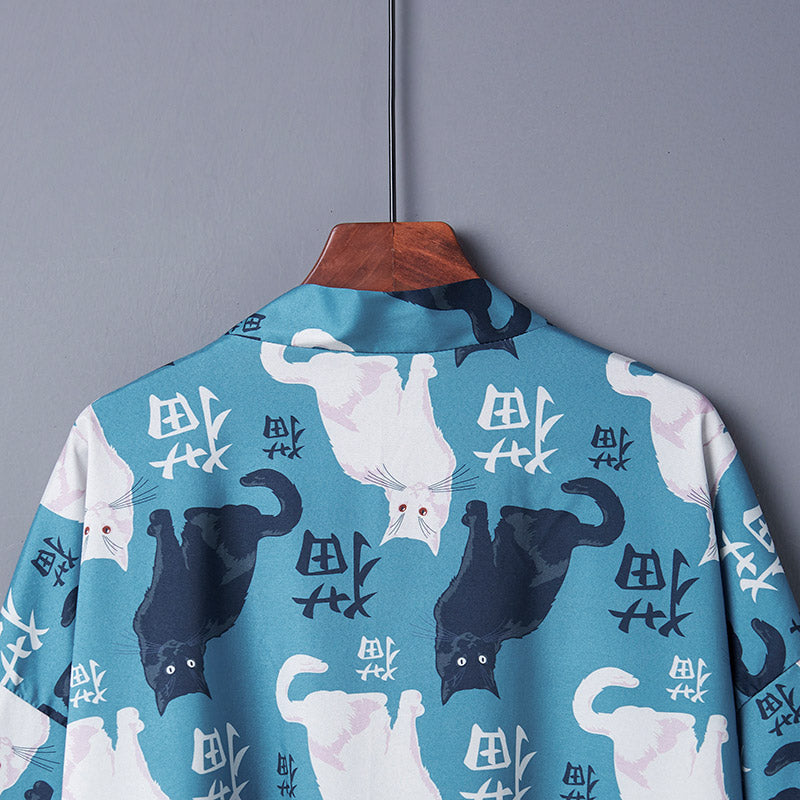 Cute Blue Cat Print Casual Kimono Outerwear Modakawa