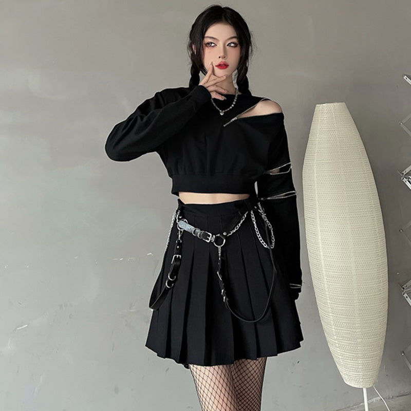 Y2K Zipper Short Sweatshirt Waistband Pleated Skirt Set Modakawa