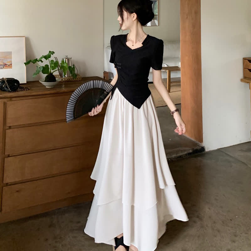 Elegant Buckle Irregular T-Shirt Layered Midi Skirt Set modakawa