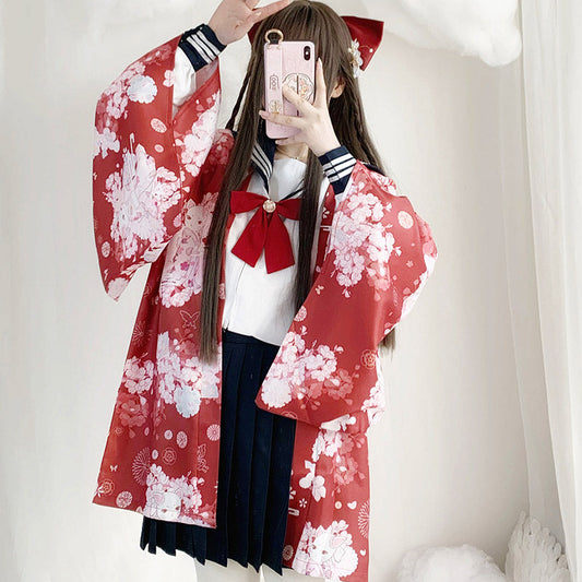 Cat Sakura Print Loose Cardigan Kimono Outerwear modakawa