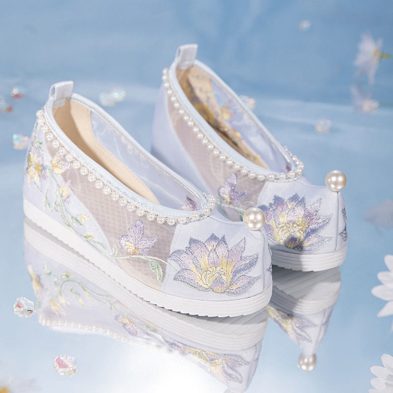 White Floral Embroidery Pearl Decor Mesh Shoes modakawa