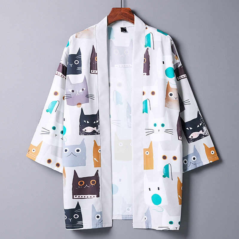 Cartoon White Cat Print Kimono Outerwear modakawa