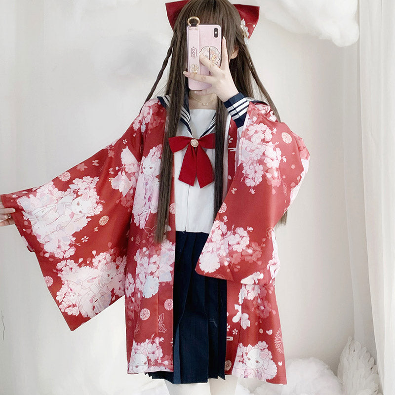 Cat Sakura Print Loose Cardigan Kimono Outerwear modakawa