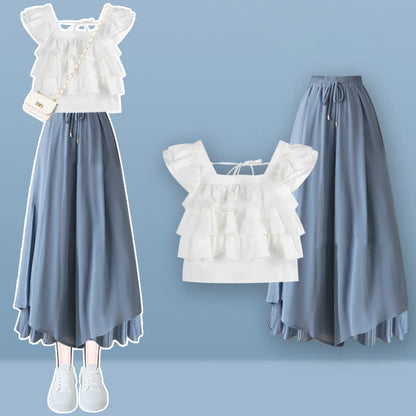 Sqaure Collar Lace Up Layered Top Blue Pantskirt modakawa