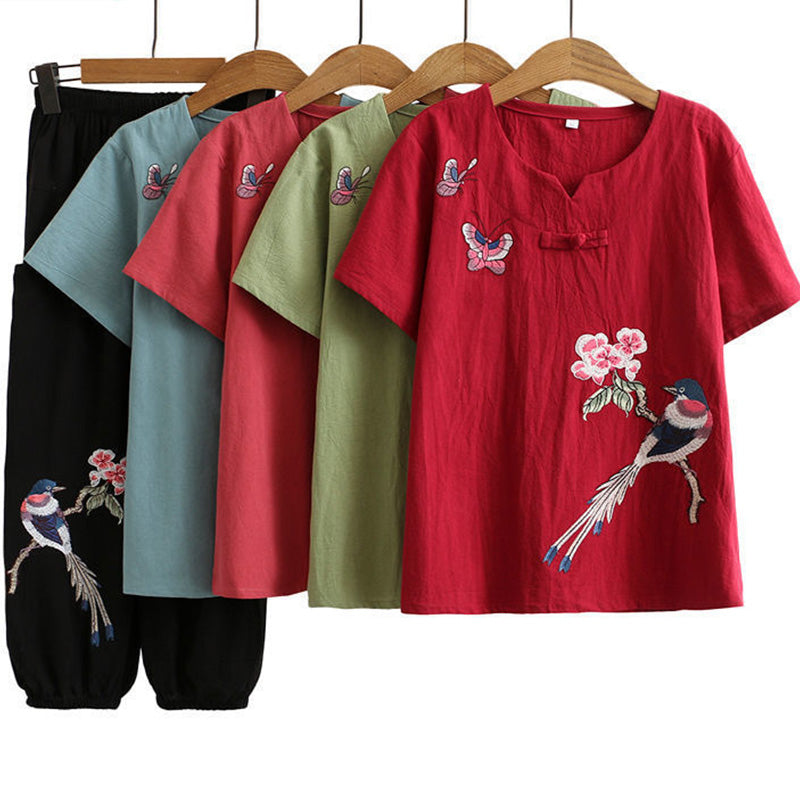 Vintage Bird Embroidery Buckle T-Shirt Pants Set modakawa