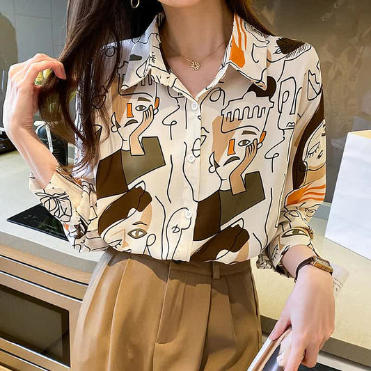 Color Abstract Graffiti Print Chiffon Shirt modakawa