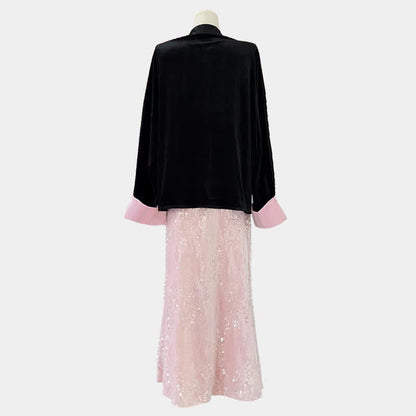 Enchanting Buckle Shirt Sequin Decor Pink Fishtail Skirt Modakawa