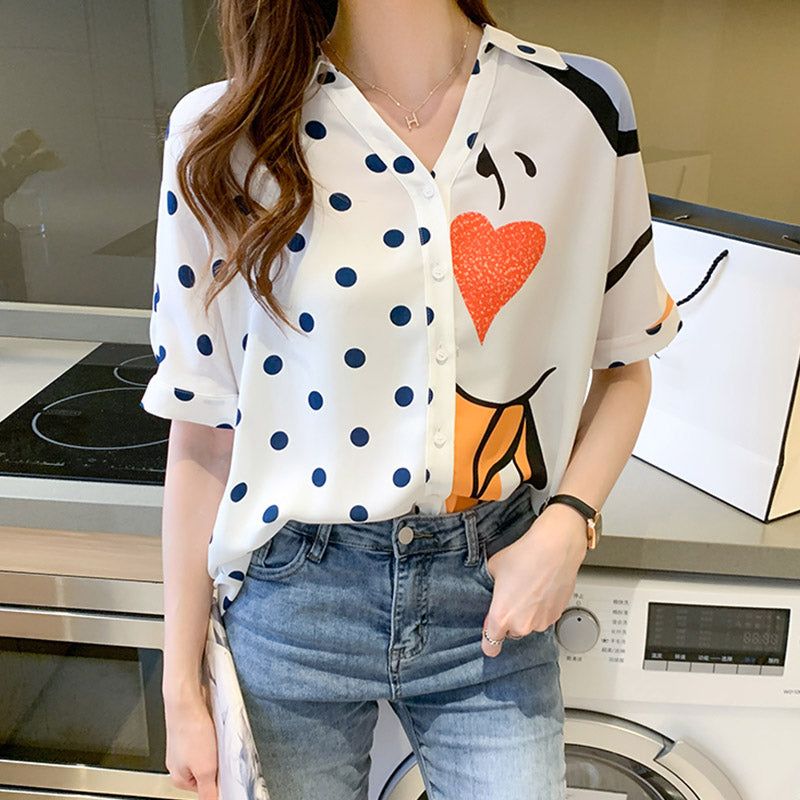 Heart Polka Dots Print Blouse Workwear modakawa