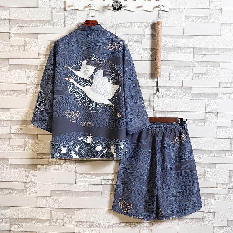 Floral Crane Sun Cardigan Kimono Outerwear Shorts Set Modakawa