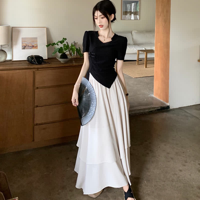 Elegant Buckle Irregular T-Shirt Layered Midi Skirt Set modakawa