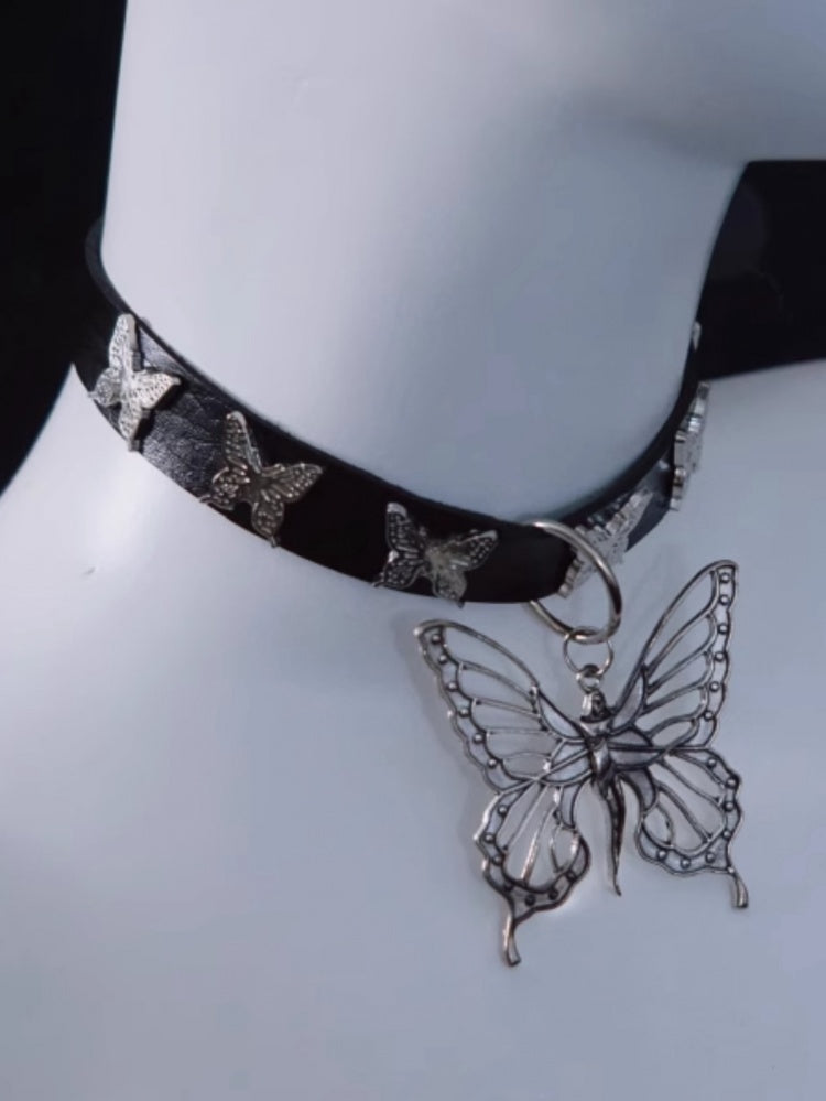 Handmade Metal Butterfly Pendant Black Choker mySite