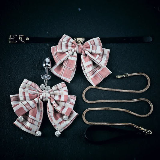 Pink Plaid Bowknot Bell Choker Anal Plug SM Accessories modakawa