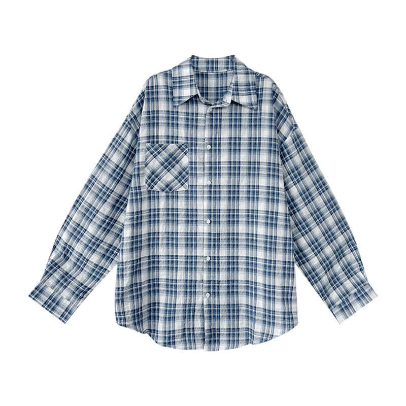 Blue Plaid Print Pocket Long Sleeve Lapel Shirt modakawa