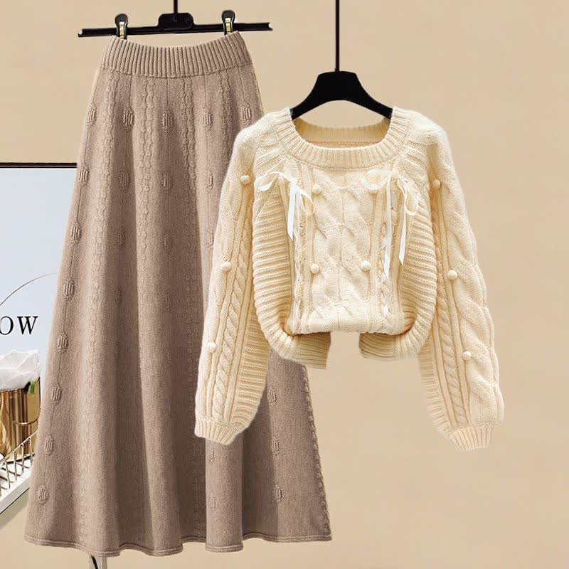 Pills Decor Cable Knit Sweater Skirt Set modakawa