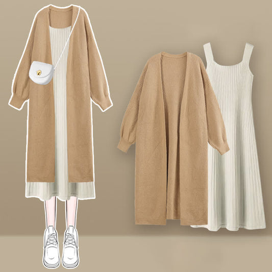 Chic Knit Cardigan Outerwear Slip Dress Set modakawa