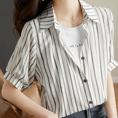 Fake Two Pieces Stripe Lapel T-Shirt Pocketed Denim Shorts modakawa