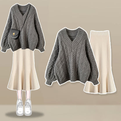 V-neck Cable Sweater Fishtail Skirt Set modakawa