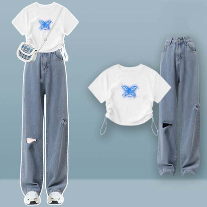 Butterfly Print Draw String T-Shirt Pocketed Cargo Pants modakawa