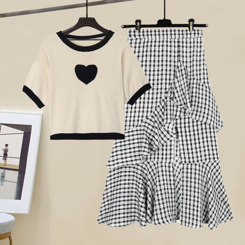 Love Heart Print T-Shirt Lattice Flouncing Split Skirt Set modakawa