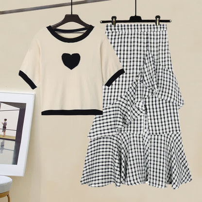 Love Heart Print T-Shirt Lattice Flouncing Split Skirt Set modakawa