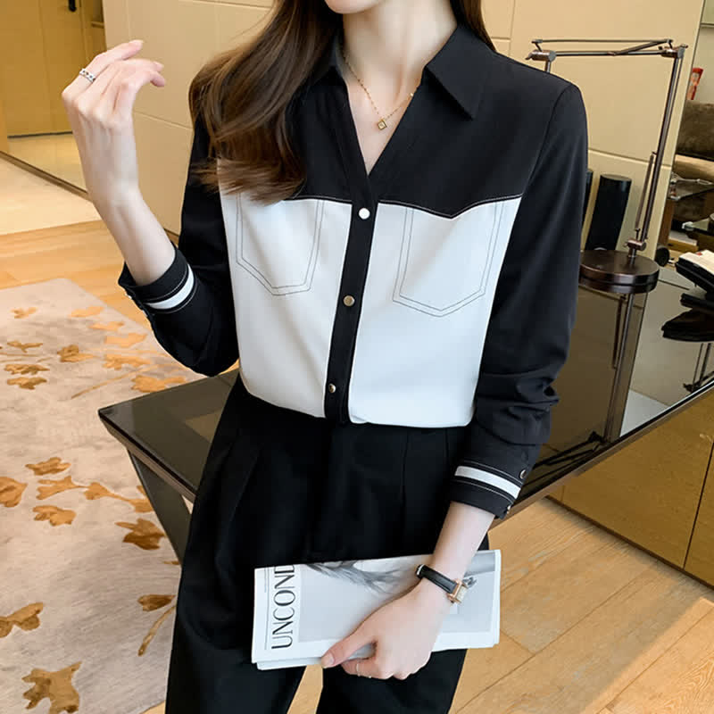 Elegant Colorblock Chiffon Shirt Workwear modakawa