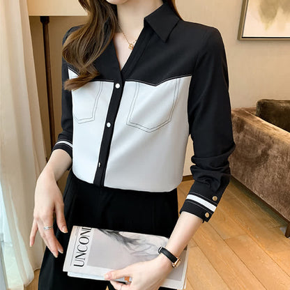 Elegant Colorblock Chiffon Shirt Workwear modakawa