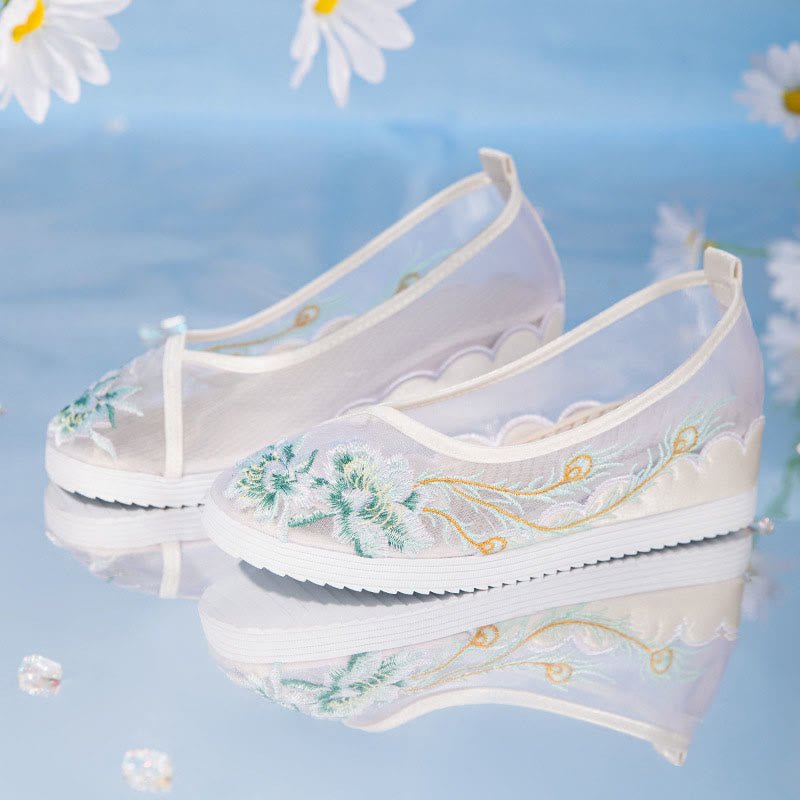 Blue Floral Embroidery Flat Mesh Shoes modakawa