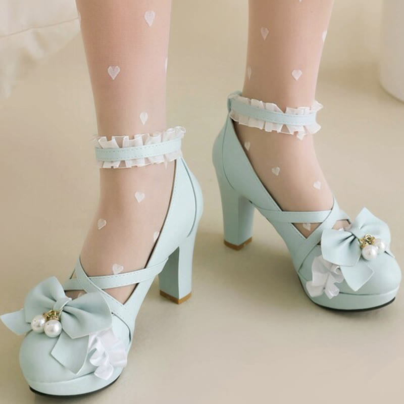 Sweet Bow Decor Lace Chunk Heel Sandals modakawa