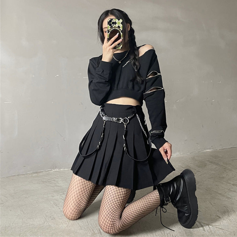 Y2K Zipper Short Sweatshirt Waistband Pleated Skirt Set Modakawa